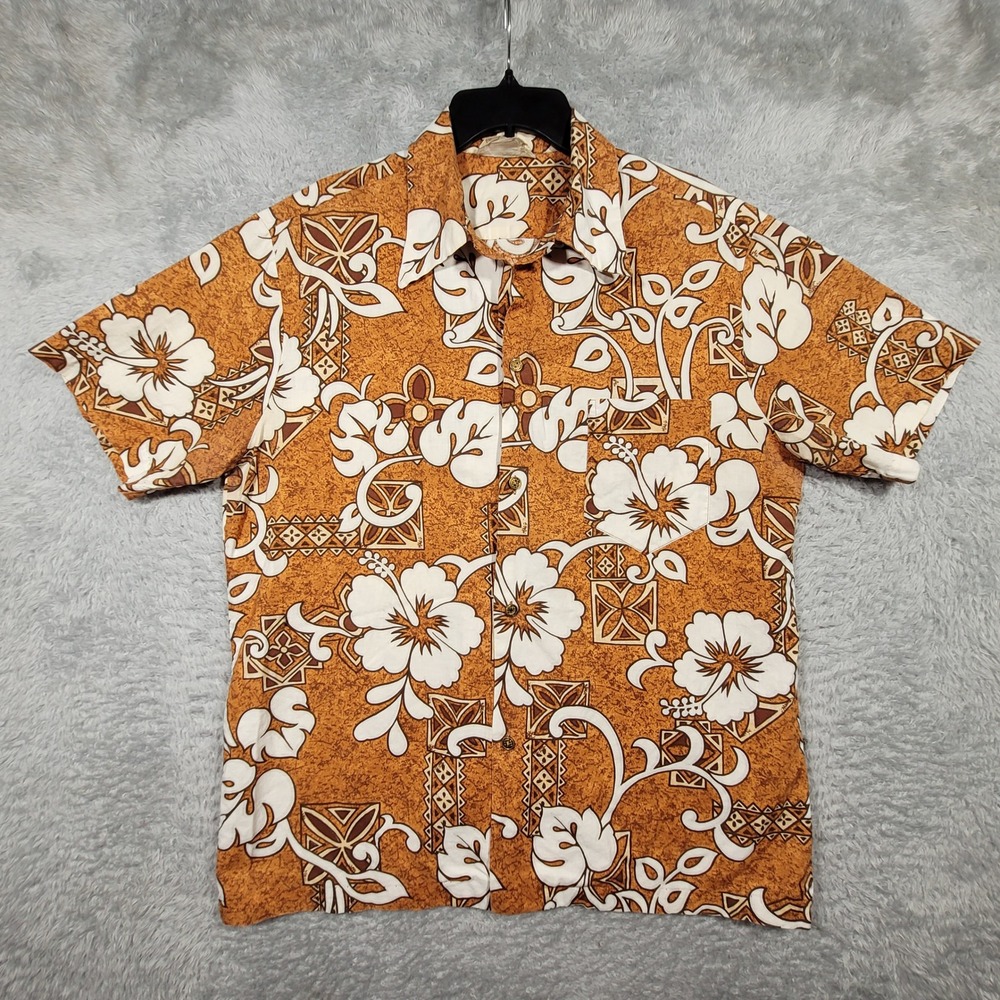 Royal Hawaiian Button Up Shirt Mens L Orange Hibiscus Floral Tribal Print VTG